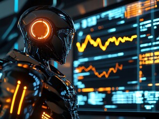 Poster - Futuristic robot analyzing data on a large screen