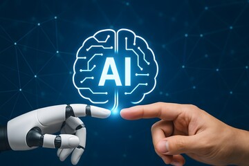 Fototapete - human and robot hands reaching towards artificial intelligence brain