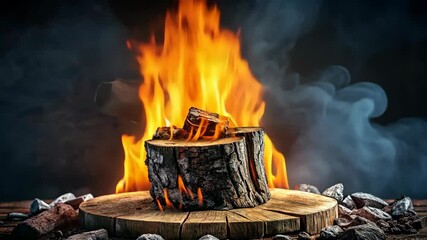 Poster - Burning Tree Stump on Wooden Board with Rocks and Smoke