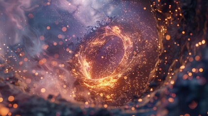 Fototapete - Abstract galaxy with swirling blue and orange particles. Digital artwork for design of cloud and smoke with starry sky with glowing start and planet in nebula or solar system. Universe design. AIG53.