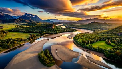 Poster - Serene River Valley Sunset A Breathtaking Aerial View of Nature's Beauty