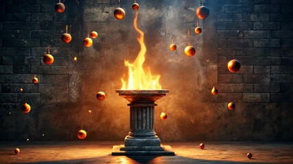 Fototapete - Eternal Flame on a Pedestal with Floating Spheres in a Mystical Chamber