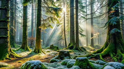 Poster - Sunbeams Illuminate a Mystical Forest with Mossy Trees and a Touch of Snow