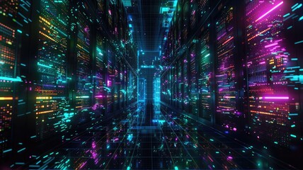 Fototapete - Abstract data flow with neon light effect in server. Technology in modern globalization age hosting domain service to open website or store database in online storage. Supercomputer for backup. AIG53.