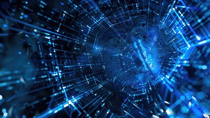 Fototapete - Abstract picture of blue light particle with digital technology style design connecting become dynamic of electric wave movement represent about flowing of data or structure of network system. AIG53.