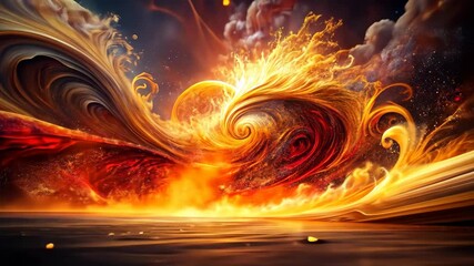 Poster - Golden flames dance across a fiery horizon. Cosmic swirls and ethereal clouds illuminate the landscape.