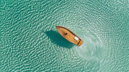 Poster - Aerial view of a small wooden boat sailing on a calm turquoise water surface. Creating a gentle wake and casting a shadow on the seabed below. Offering a serene and idyllic scene of peaceful solitude