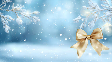 Poster - Winter wonderland backdrop with frosted branches and a golden decorative bow