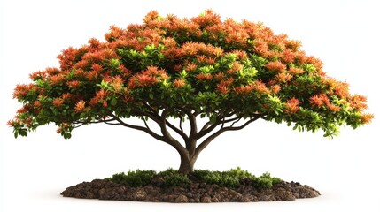 Poster - Beautiful ornamental tree with vibrant orange and green foliage, spreading branches, and lush ground cover against a plain white background for landscaping and gardening