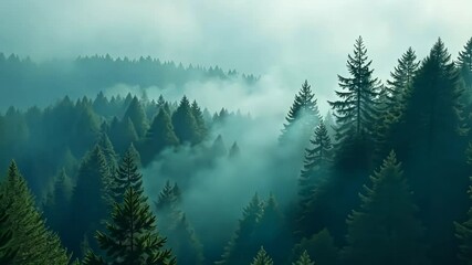 Poster - Misty Evergreen Forest Sunrise A Breathtaking Aerial View of Nature's Serenity