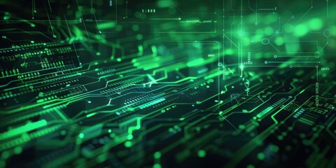 Fototapete - The picture of the green circuit board with technology theme that stands for the connection, mainboard or motherboard is central printed circuit board in computer or other electronic device. AIG51.