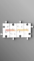 Fototapete - Federal Spending being a complex topic - puzzle pieces with word federal spending coming together to make a whole. Federal Spending made of many fitting parts, a compound subject.