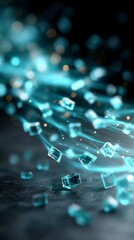 Poster - Abstract Turquoise Cubes with Light Streaks and Bokeh Background, Modern Technology Concept