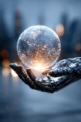 Fototapete - Artificial Intelligence: Robotic Hand Holding a Glowing Network Orb, Symbolizing Future Technology 