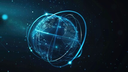 Poster - Glowing blue digital globe with connecting lines. Abstract artwork of circle shape with glowing lines and dark background. Global network and technology innovation concept. Global networking. AIG53.