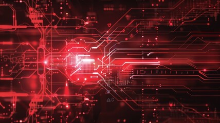 Poster - Abstract red circuit board pattern with glowing lights on dark background. The red hues and light effects add a dynamic and modern touch. Digital technology innovation theme. Electric circuit. AIG53.