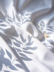 Poster - Soft white fabric with delicate leaf shadows creating a serene and tranquil atmosphere