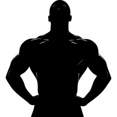 Poster - Muscular Silhouette of Bodybuilder Showing Fitness and Bodybuilding Posing with Hands on Hips in Silhouette Style