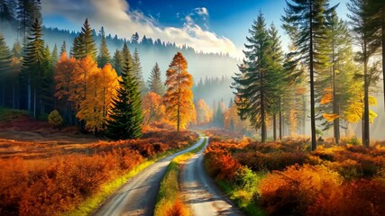 Aufkleber - Autumn Road Through a Misty Forest with Colorful Trees and Sun Rays