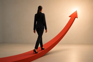 Aufkleber - Businesswoman Walking on Red Arrow Towards Light in Minimalist Setting