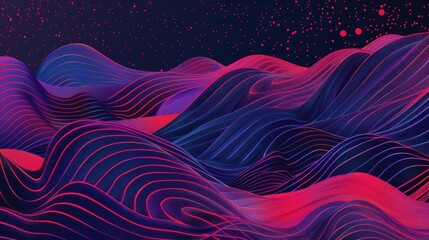 Poster - Purple and pink wavy lines with dots on a dark background. Background of 3D rendering wave with vibrant purple color and pink color. Abstract design for poster. Fluid flowing motion shot. AIG51.