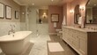 © Intach - Upscale bathroom featuring soft pastel decor, elegant marble finishes, and contemporary lighting