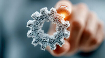 Poster - Close-up of a finger touching a wireframe-style digital gear, symbolizing settings, automation