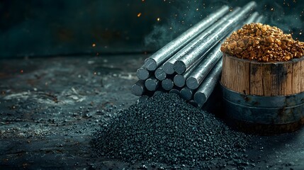 Poster - a close up view of processed metallic rods positioned next to a pile of raw mineral ore all placed o