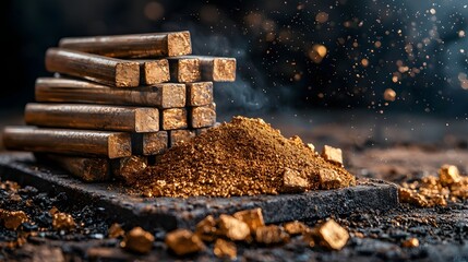Poster - Close up view of stacked metallic rods alongside a pile of raw mineral ore placed on a dark metallic platform background