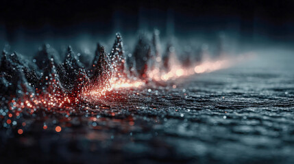 Poster - Abstract cityscape made of glowing vertical light particles in orange and blue tones reflected on a dark surface, representing data, energy, or sound visualization