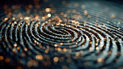 Poster - Abstract macro of fingerprint ridges glowing with golden digital particles, symbolizing identity, access, and biometric data