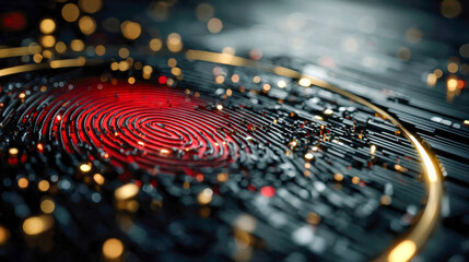 Poster - Futuristic digital fingerprint scanner glowing red, surrounded by cyber circuits and data elements representing security and identity access