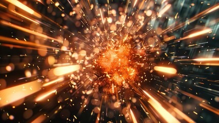 Poster - Futuristic digital tunnel with glowing particles. Neon and electric colors creating a sense of depth. Background of explosive scene in space with glowing star. Background for wallpaper, print. AIG53.