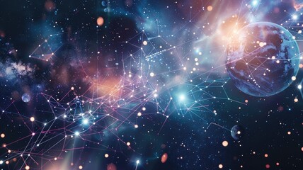 Poster - Abstract glowing blue and orange galaxy with planets and constellations. Digital artwork of space with glowing star and planet with pastel color. Galaxy and nebula.Cosmic and space concept. AIG53.