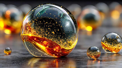 Poster - Abstract glowing black and gold glass spheres melting onto reflective surface, dynamic energy captured