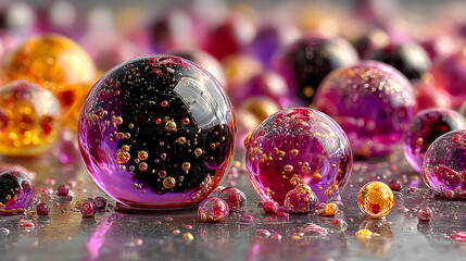 Poster - Vibrant purple and amber liquid bubbles on a glossy surface, evoking abstract beauty and fluid dynamics