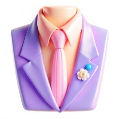 Poster - A stylized, colorful suit display with a vibrant purple jacket and pastel pink tie featuring a floral pin.