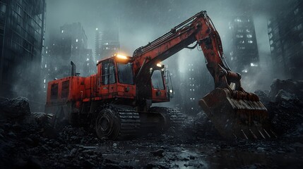 Poster - towering mechanical cranes excavate a construction site amid a cyberpunk inspired skyline with a haz