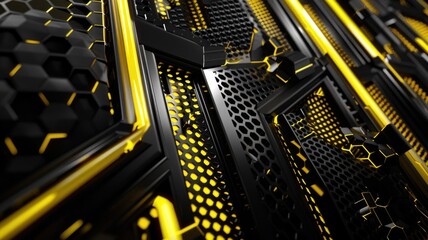Poster - Abstract of gold light mix with black color futuristic circuit theme. Electrical glowing particle connecting express technology pattern connection convey sense of seamlessly system structure. AIG53.