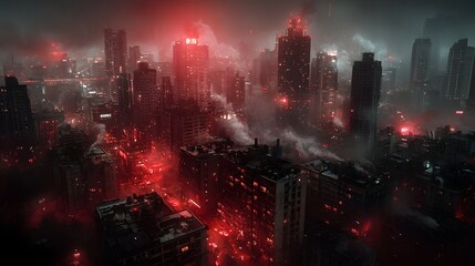Poster - a futuristic heavily industrialized cityscape built over ancient mining ruins with a red lit haze cr