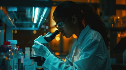 Poster - Scientist working under a microscope in a lab. stock photo --ar 16:9 --raw --v 6 Job ID: 52f6d649-6fbf-4387-9411-6b719dfeccb8