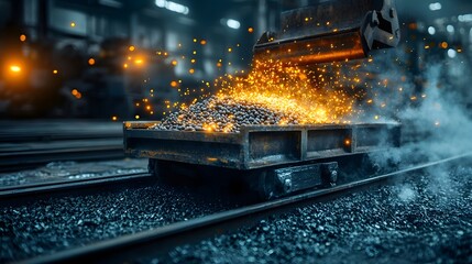 Poster - Glowing molten metal rods being pulled from the intense heat of an industrial smelter with a cascade of bright orange sparks erupting from the process