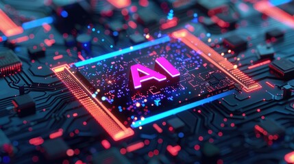 Poster - The picture of the neon mainboard and cpu made with semiconductor material, the semiconductor is the material that has electrical conductivity between that of the conductor and the insulator. AIG51.