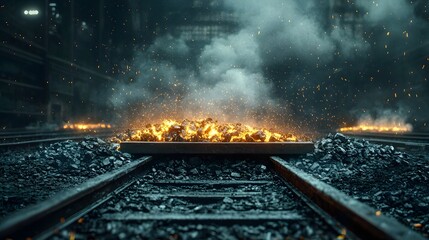 Poster - Molten steel glows brightly as it is smelted from raw ore creating an intense and atmospheric industrial scene with steam smoke
