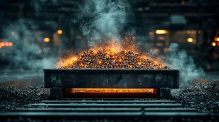 Poster - intense flames and molten steel glow within an industrial furnace producing glowing steel beams from