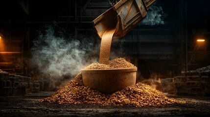 Poster - a photograph capturing the pouring of molten metal from a large tilting crucible into casting lines 