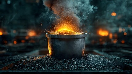 Poster - a fiery crucible tilts to pour glowing molten metal into casting lines with smoke and sparks eruptin