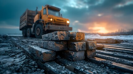 Poster - A large orange dump truck carrying a load of freshly mined and processed metal materials on a rocky quarry site set against a dramatic sky at sunset