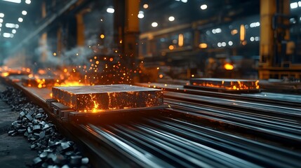 Poster - glowing hot metallic ingots freshly cast from a smelter are transported on conveyor belts through a 
