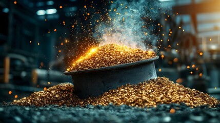Poster - a photograph of a glowing industrial furnace smelting hot molten metal in a crucible surrounded by s